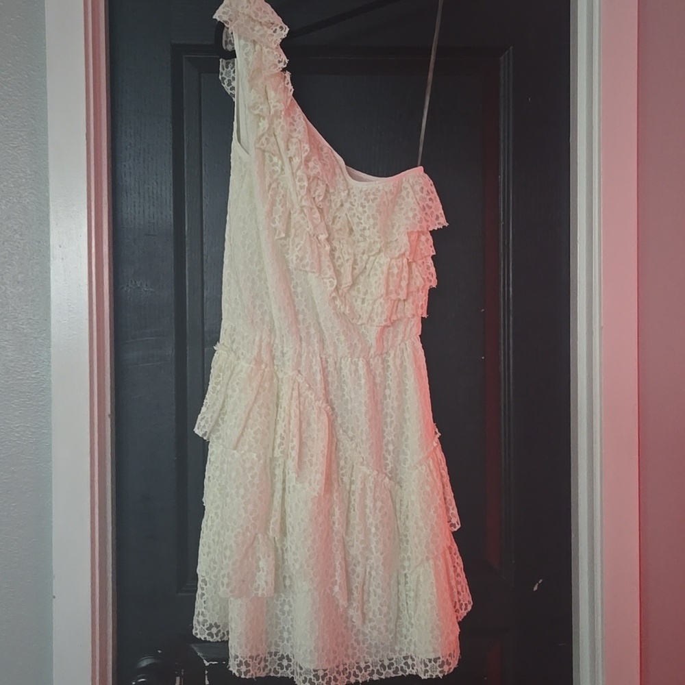 Chelsea & Violet One Shoulder White Tiered Lace Fit And Flare Mini Dress Large - Picture 3 of 11
